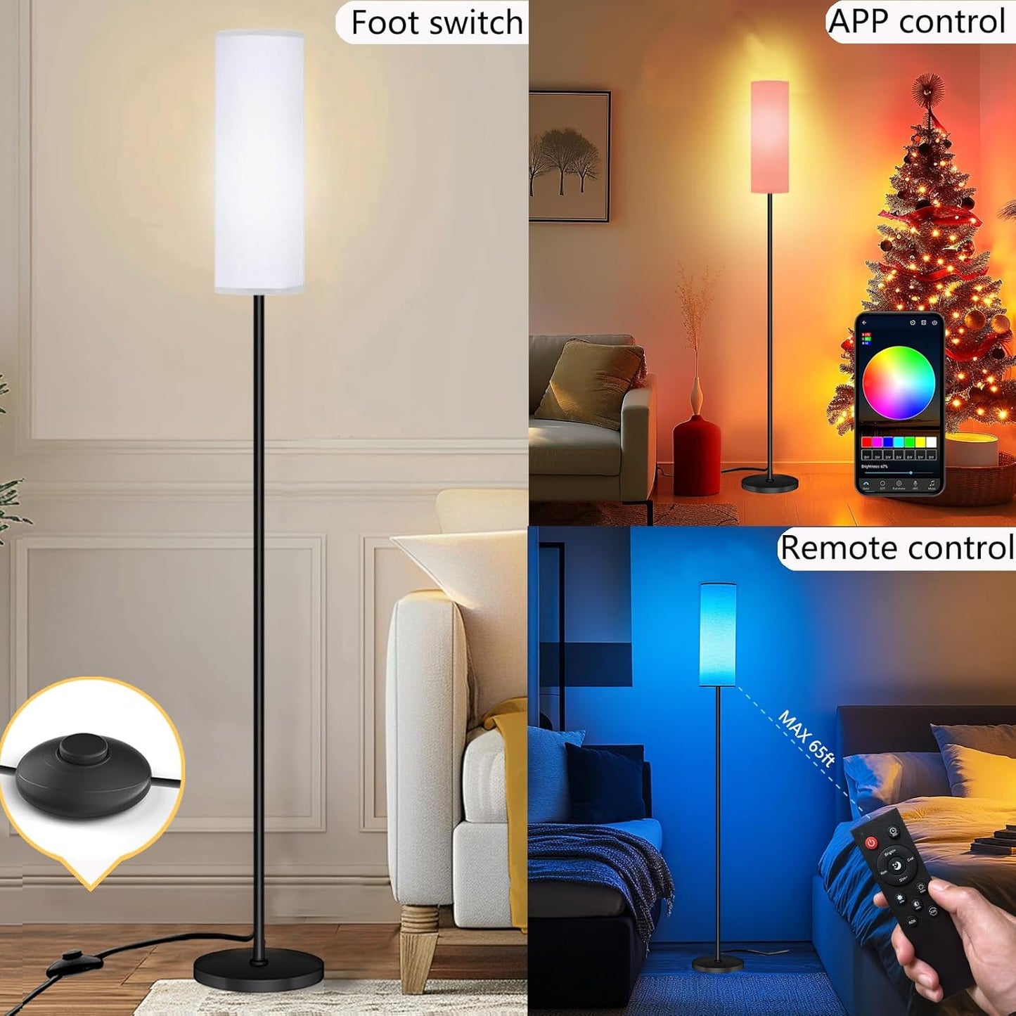 Smart LED Floor Lamp with APP Control & RGB Colors - Dimmable Standing Lamp for Living Room, Bedroom, Gaming - Remote, Timer, 9W Bulb Included, 67" Modern Tall Lamp (black pole + white shade)