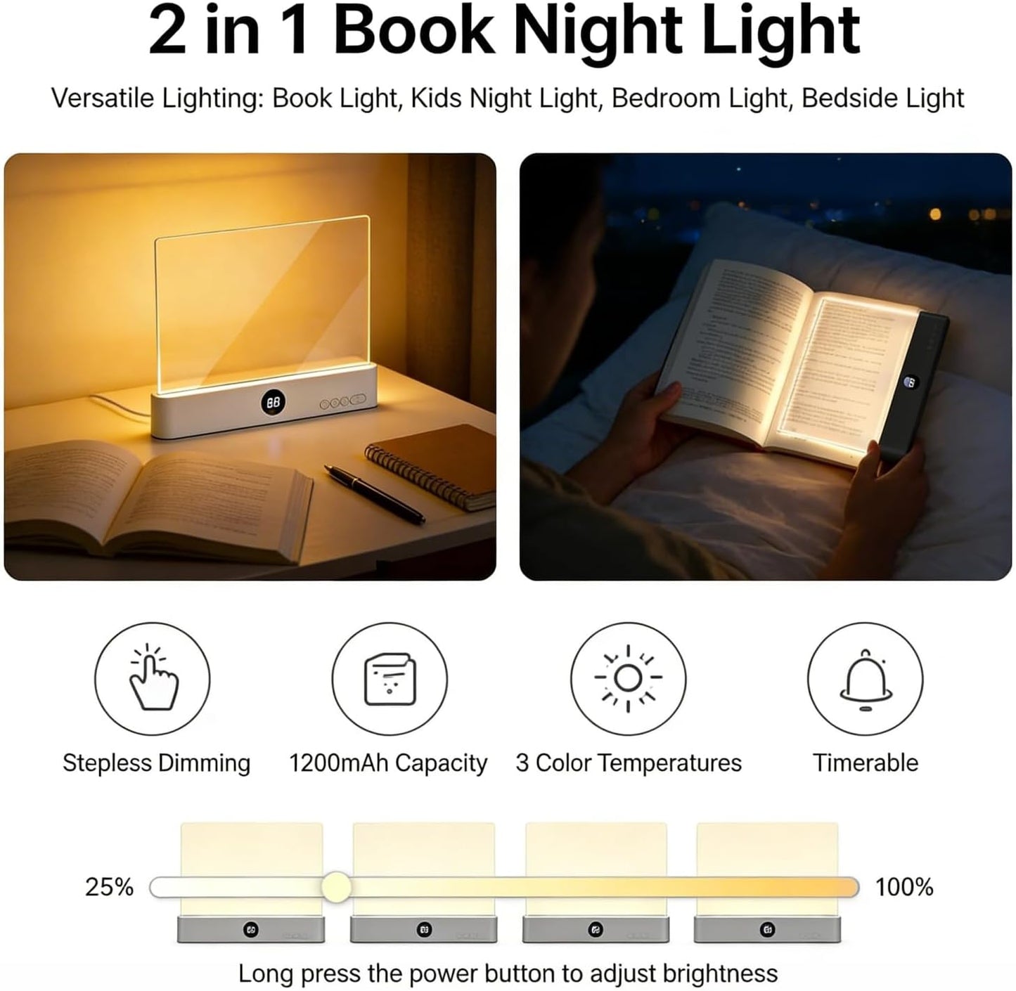 Rechargeable Book Light - 3 Color Modes Dimmable LED Flat Panel Lamp, Full Page Lighting with Timer, Compatible for Bedtime Reading, Fits All Readers