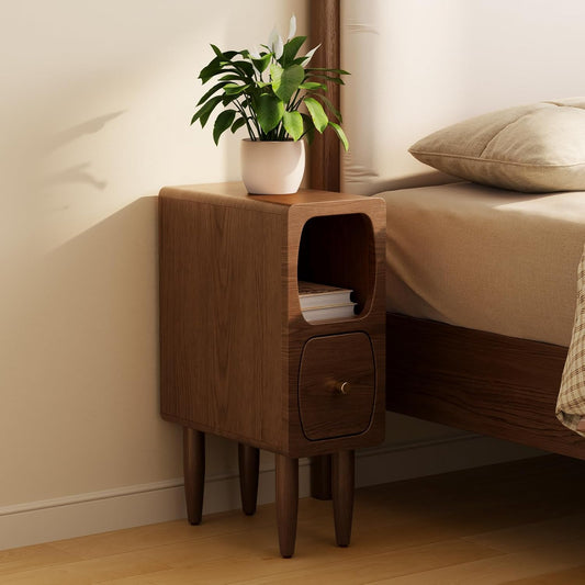 Solid Wood Skinny Nightstand Slim Nightstand with Drawer,Modern Narrow Bedside Table,Narrow Skinny Side Table for Bedroom,Walnut