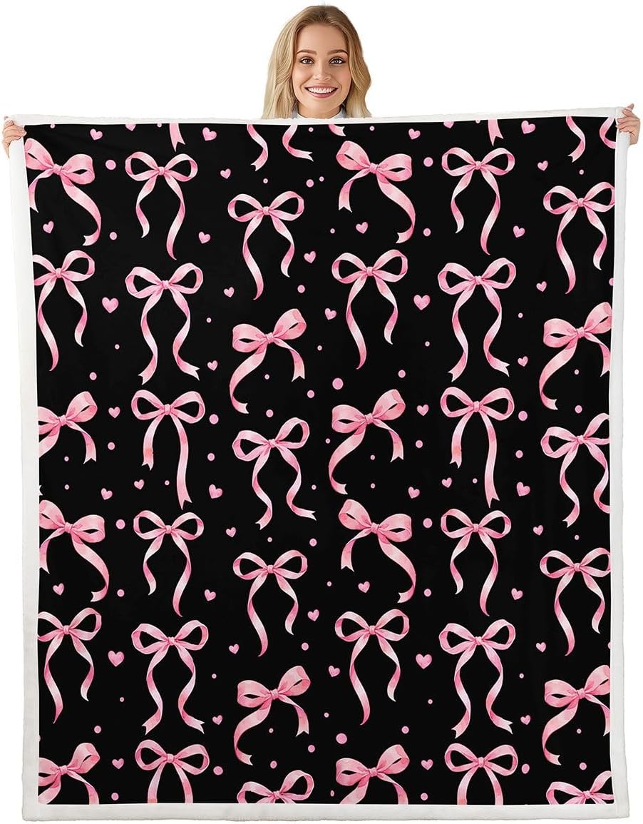 Feelyou Black Pink Bow Sherpa Throw Blanket for Couch Cute Bowknot Super Soft Cozy Fleece Kawaii Blanket for Winter, Plush Throw Heart Pattern Baby 30"x40" All Season