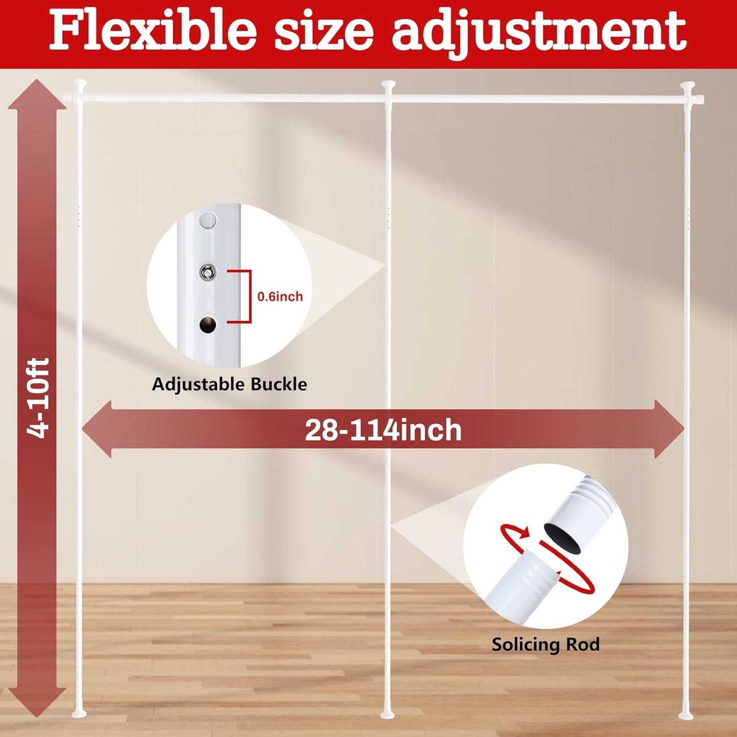 Room Divider,4-10ft(H) 28-114inch(W) Curtain Rod,Heavy Duty Adjustable Room Divider Tension Rod No Drilling for Studio Apartment Room Separation