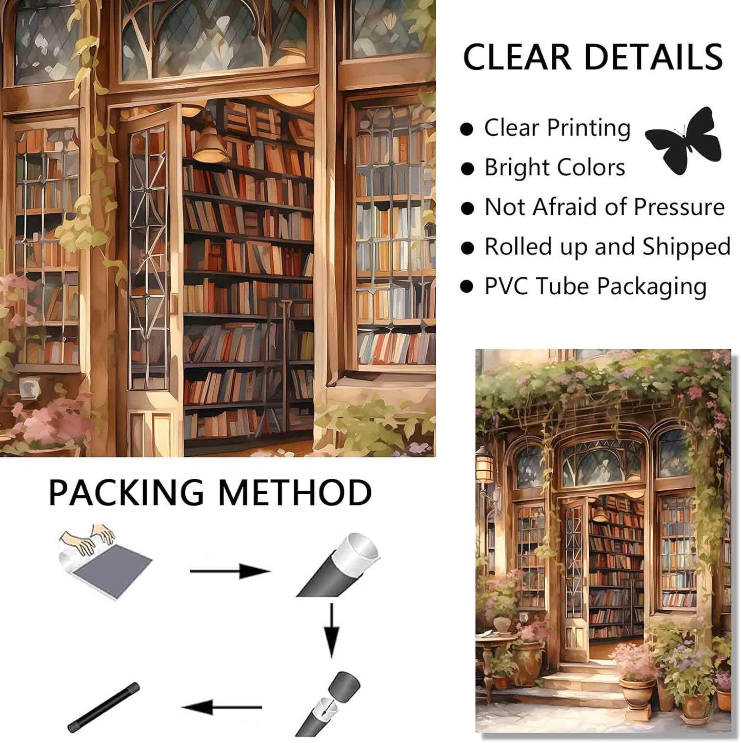 Book Store Poster Reading Canvas Wall Art Book Aesthetic Wall Print Antique Library Picture French Country Painting Floral Vintage Library Posters Farmhouse Bookshop Wall Art Room 16x24in No Frame