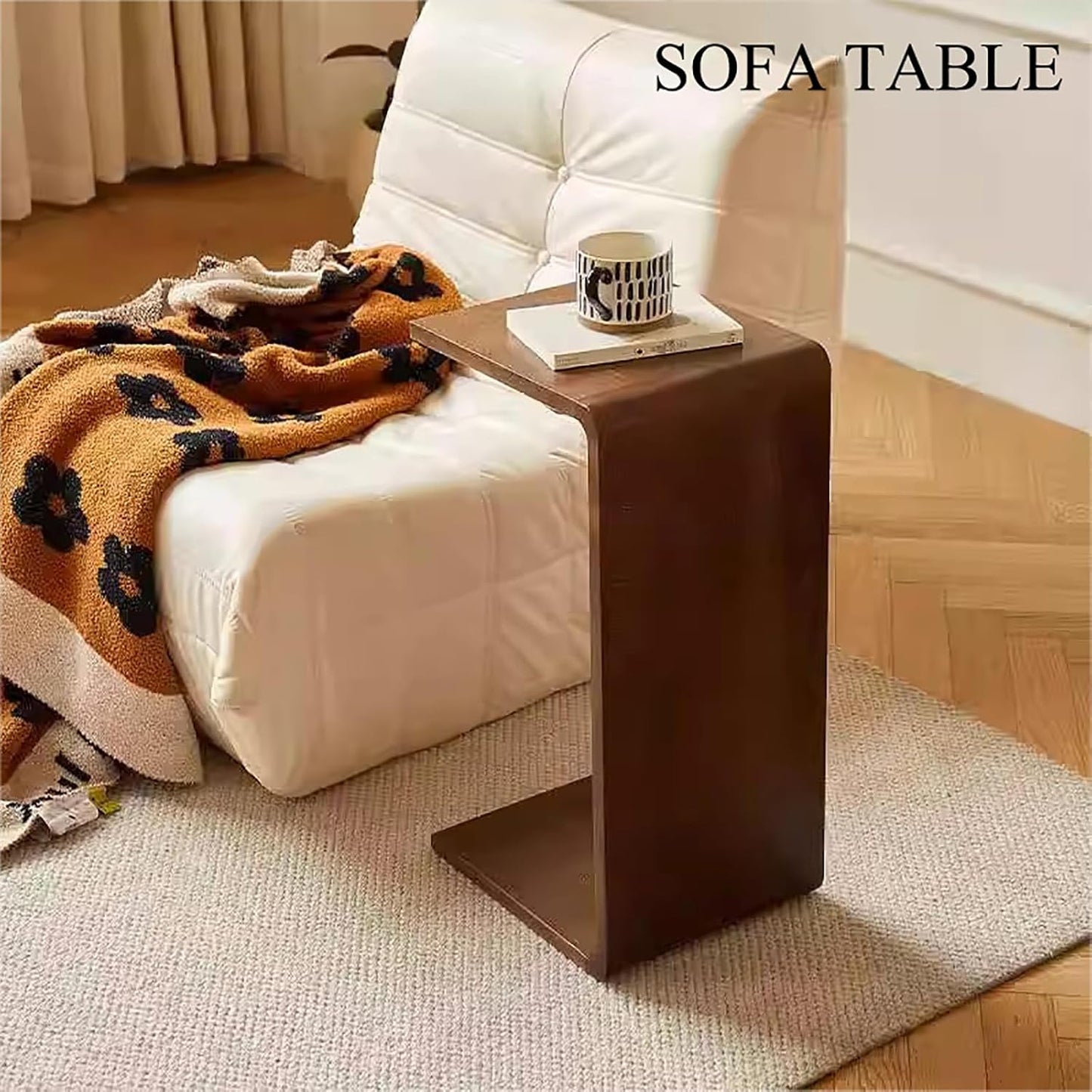C Shaped End Table for Couch,Solid Wood Couch Side Table Tray,Space-Saving Small Snack Tables for Livingroom Bedroom Entryway Furniture(13.7" D x 9.8" W x 24.4" H, Walnut)