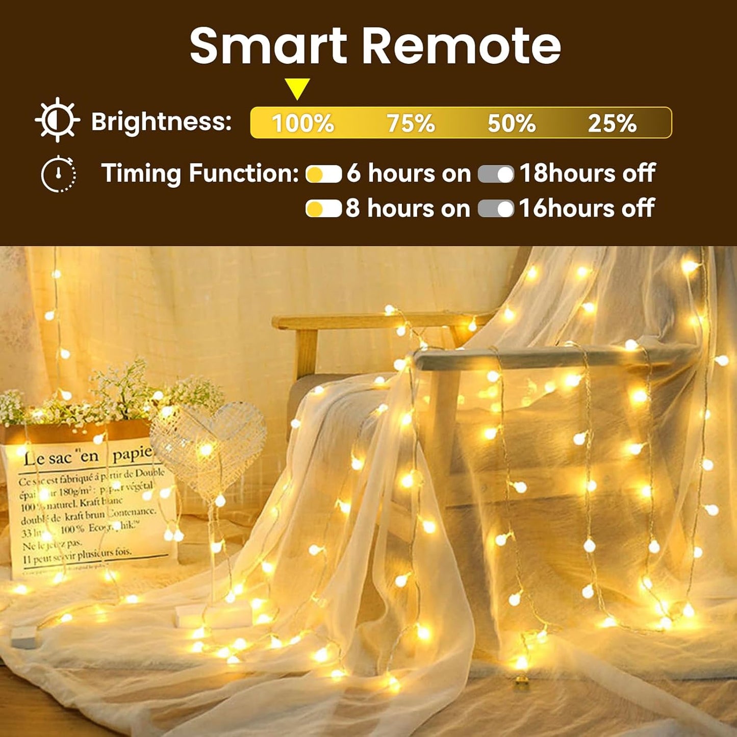 Dailyart Globe String Lights, 100Led 59FT Waterproof Fairy Lights Plug in 8 Modes with Remote Control, Brightness Adjustable &Timing String Lights Indoor Outdoor, Fairy Lights for Bedroom, Warm White