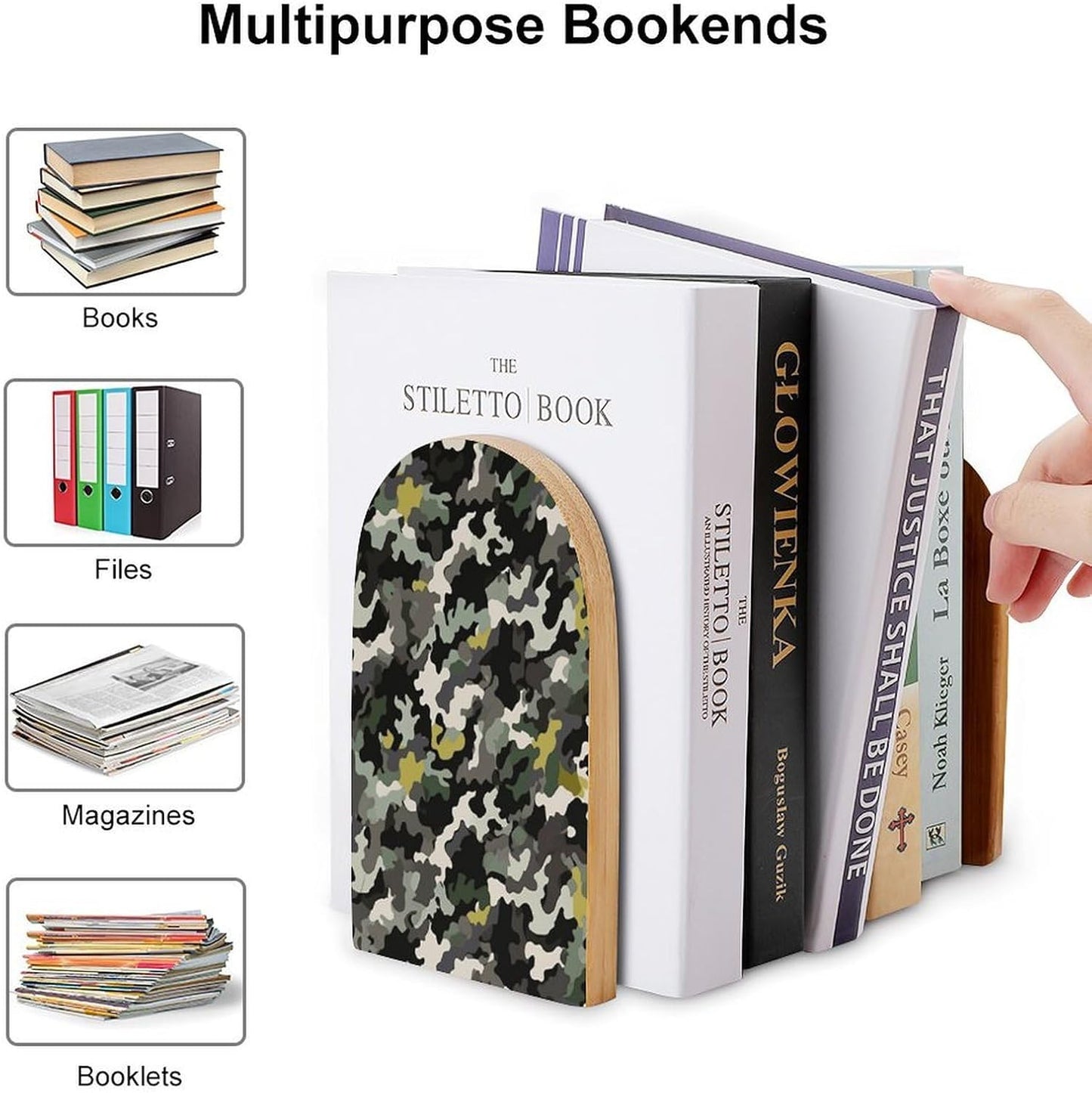 Abstract Camouflage Bookend for Shelves Wooden Book End Large Size Sturdy Book Holders Stoppers with Metal Base for Bookshelves Slick Decorative Bookends Stands