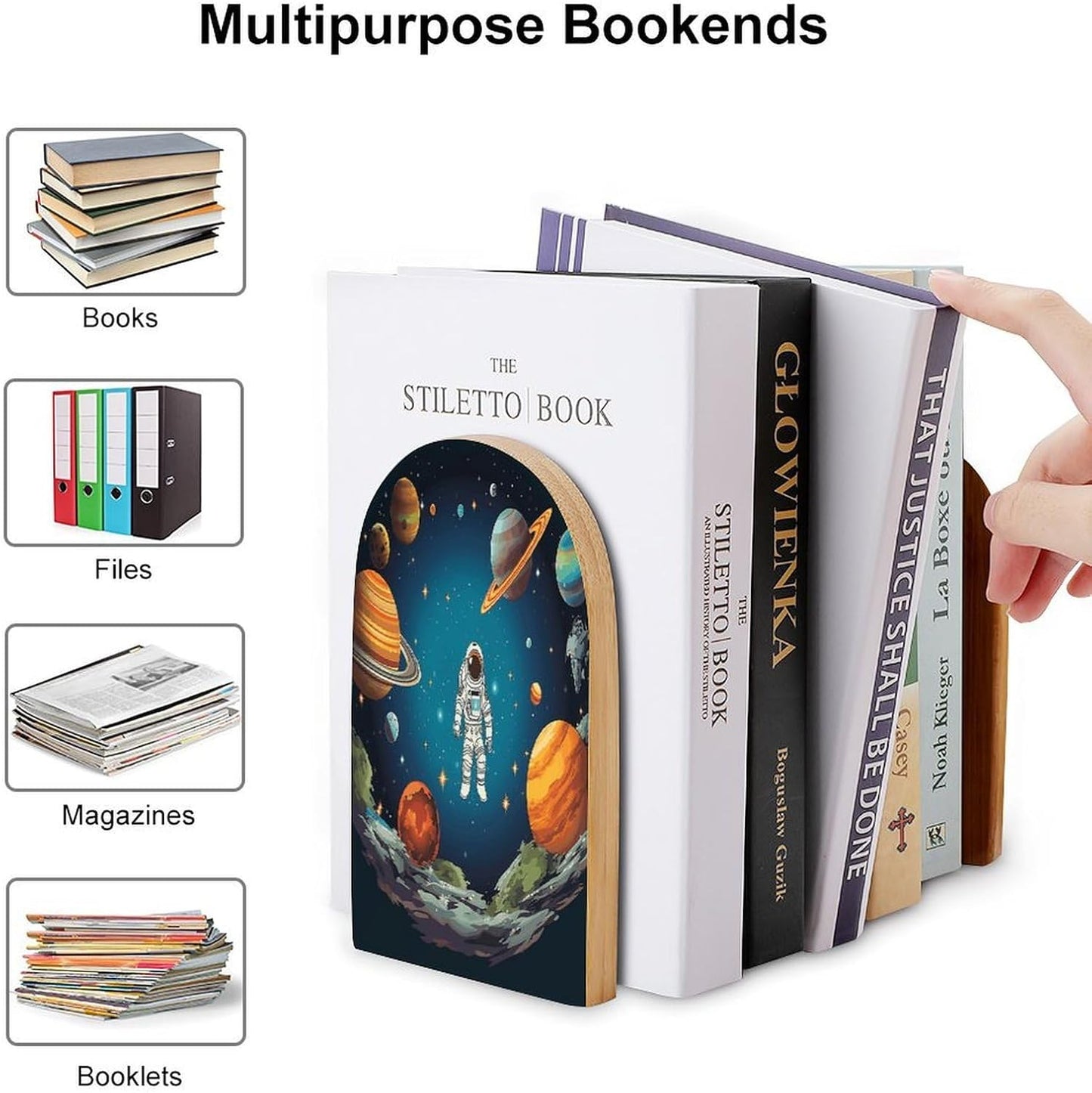 Outer Space Rocket Astronaut Bookend for Shelves Wooden Book End Large Size Sturdy Book Holders Stoppers with Metal Base for Bookshelves Slick Decorative Bookends Stands