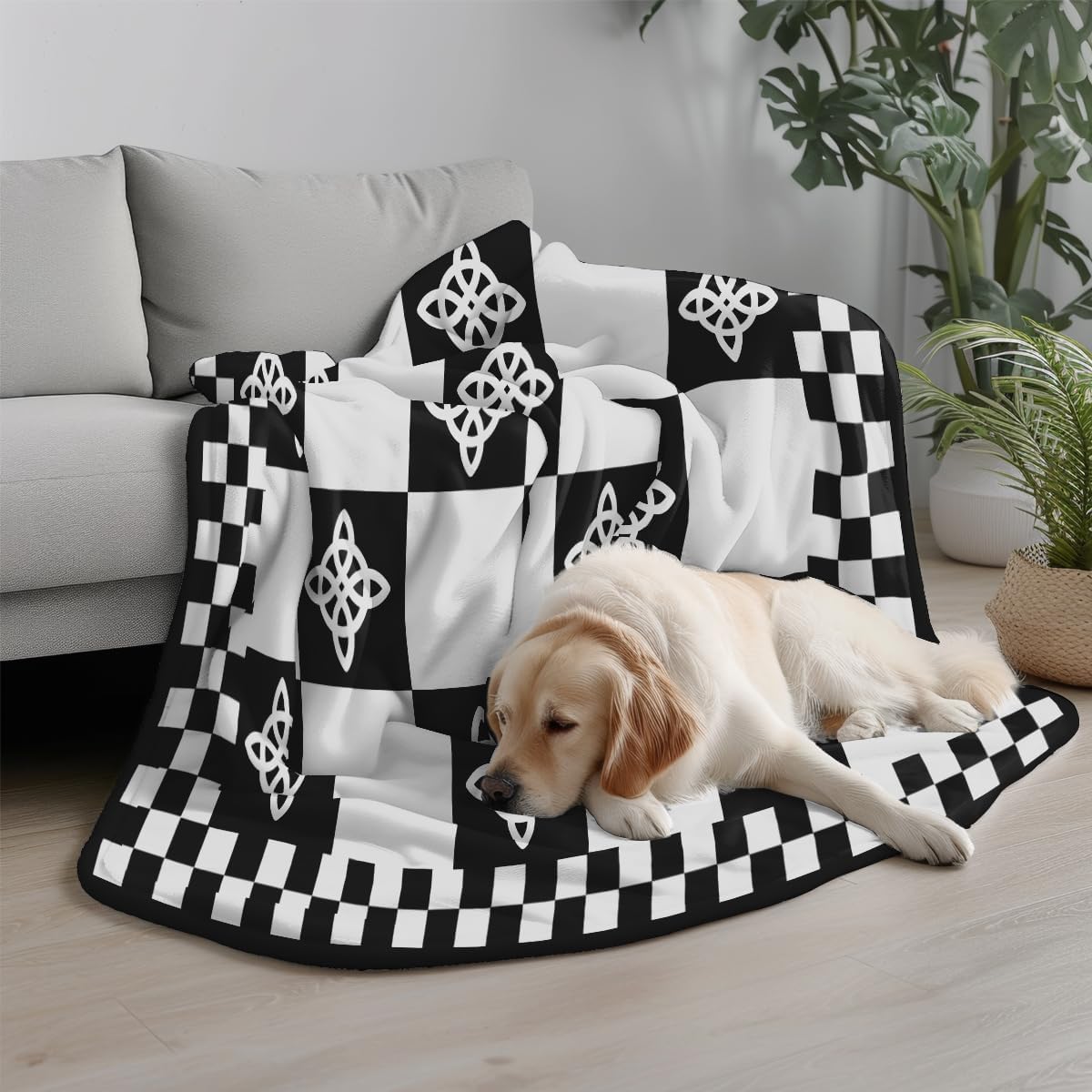 NIGHTCRUZ Witch Knot Throw Blanket, Black and White Checkered Pattern, Celtic Knot Decorative Blanket for Sofa and Couch (60" x 50")