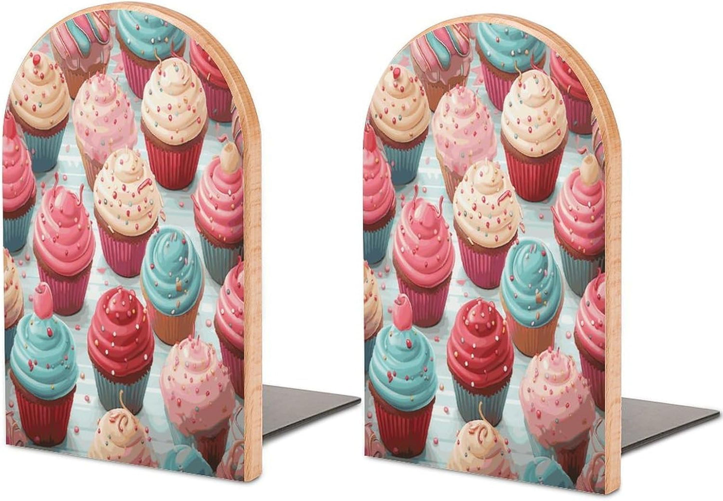 Colorful Sweet Lollipop Cupcake Donut Bookends 1 Pair Heavy Duty Book Ends for Shelves Non-Skid Bookend Supports Wooden Book Holders with Metal Base Desk Organizers Books Storage to Hold Books