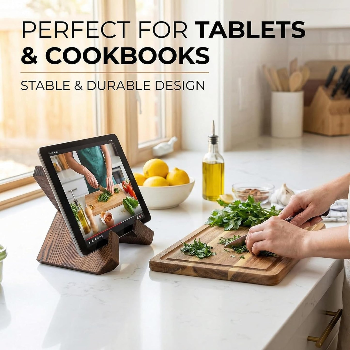 Wooden Cookbook Stand, Adjustable Recipe Book Holder with Cross-Frame Design, Multipurpose Display Easel for Kitchen Counter and Desktop Reading (Rustic Brown)