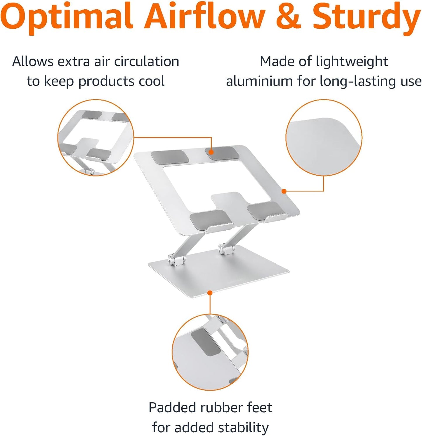 Amazon Basics Sturdy and Portable Ergonomic Laptop Stand for Desk, Height Adjustable Riser with Ventilated Cooling, Foldable, Fits all Laptops up to 17.3 Inch, Silver, 10 x 8.7 x 6 in