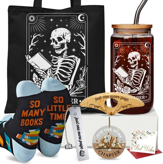 Unique Cool Reading Day Gifts 7 Pcs Set for Book Lovers, Readers, Librarian, Students, Teacher - 16oz Glass Cup With Lids, Tote Bag, Socks, Bookmark, Flipper, Funny Ornament - Book Themed Gift