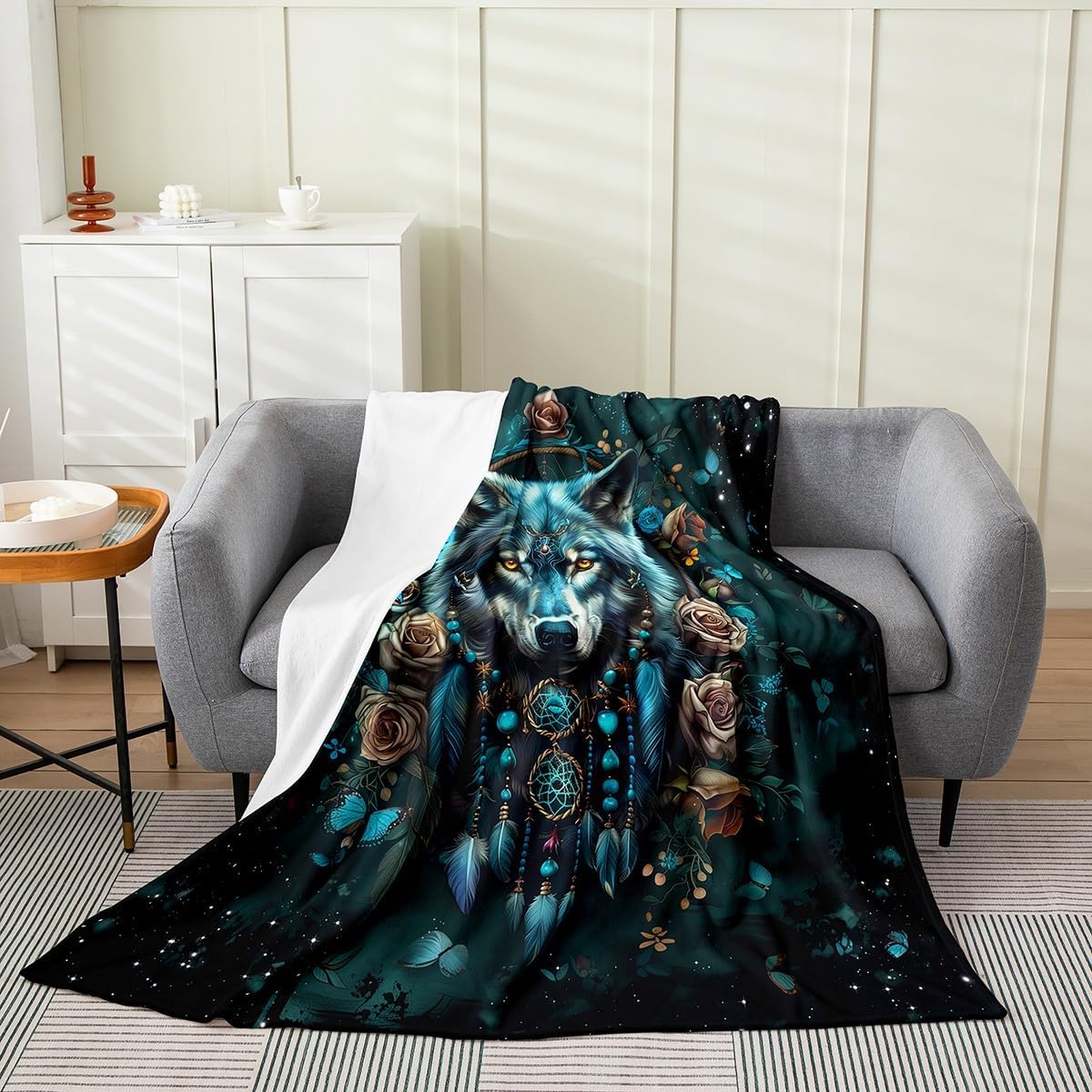 Feelyou Wolf Flannel Fleece Throw Blanket for Kids Boys Wolves Howling All Season Bed Blanket Twin 60"x80" Dreamcatcher Fuzzy Blanket for Sofa Couch Boho Dream Catcher Decor Plush Blanket, Teal
