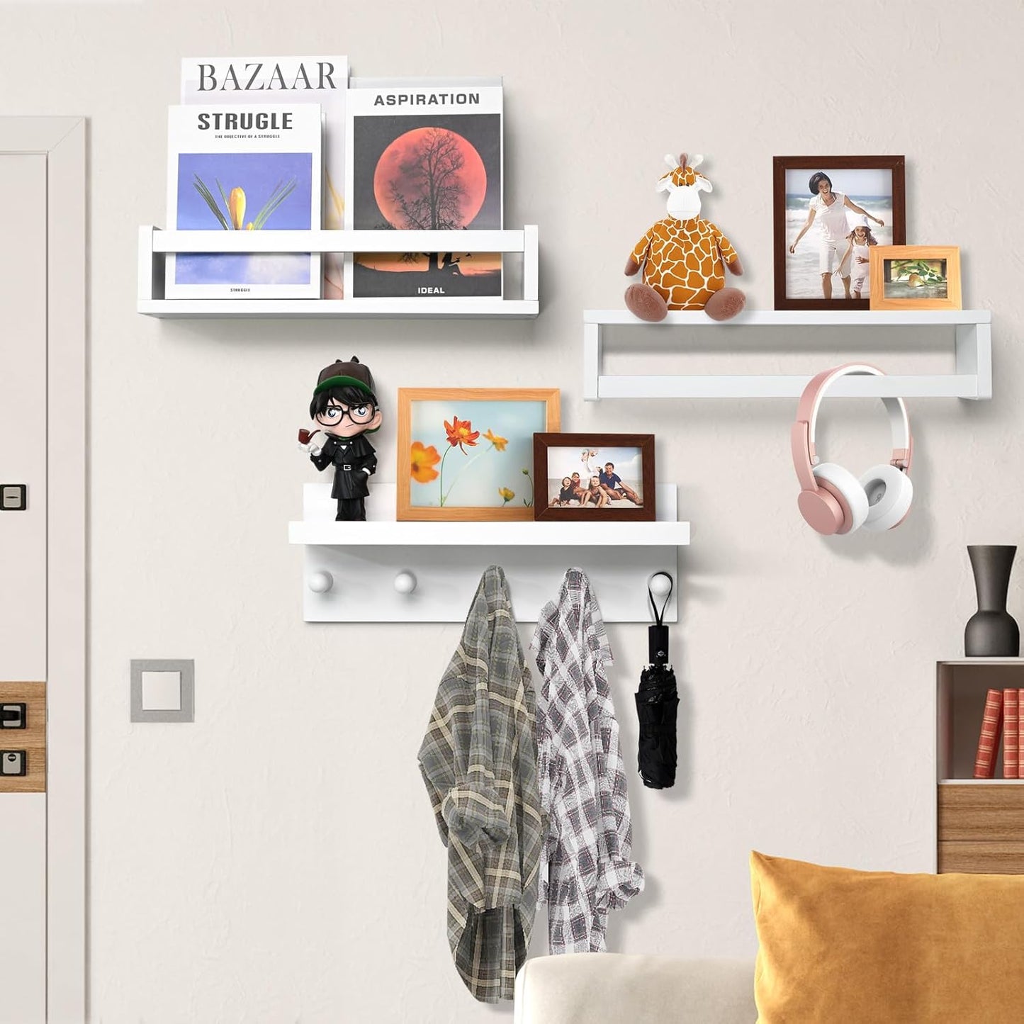Ollieroo Set of Four Floating Book Shelves for Wall, Nursery Book Shelf for Kids Room, Bamboo Wood Hanging Bookshelf for Baby Teen Boys Girls, Wall Mounted Shelves for Bedroom Bathroom Decor(Straight)