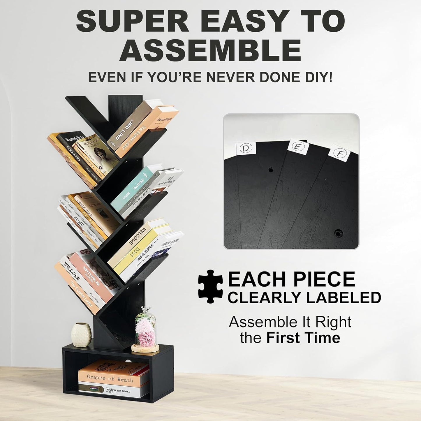 6 Tier Tree Bookshelf, Tall Narrow Wooden Bookcase with Drawer and Storage Cabinet, Freestanding Small Book Shelf Organizer for Bedroom, Living Room, Home Office, Black Display Shelf