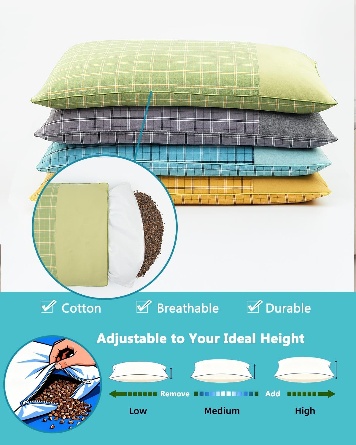 Adjustable Buckwheat Sleeping Pillow – Customizable Loft Cool Cervical Support Pillow for All Sleep Positions, Flat Rectangular Cube Design (23.6"x13.7", Blue)
