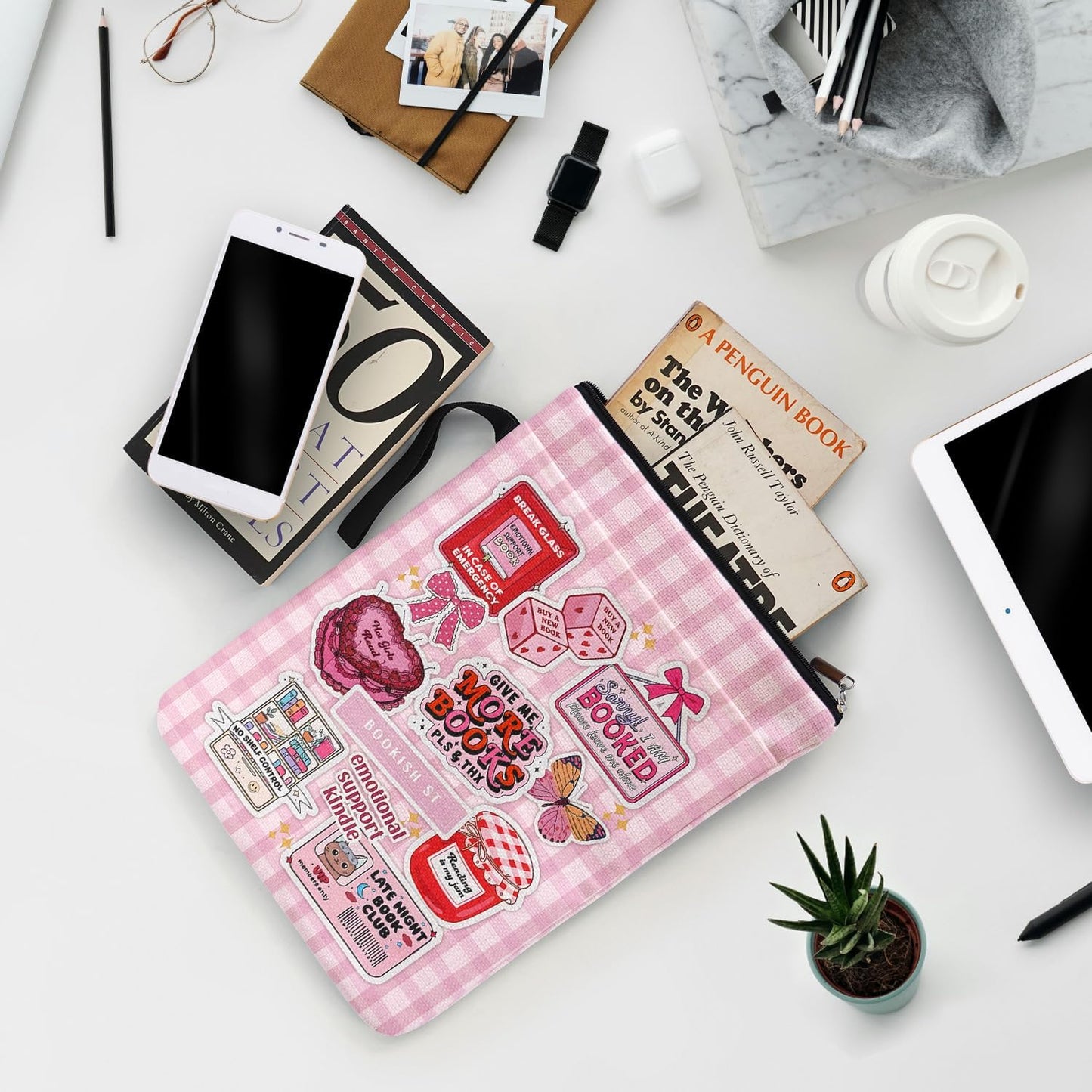 Pink Checkered Collage Style Book Covers for Book Lovers with Handle Pocket, Book Club Gifts for Chritsmas, Reading Accessories for Women Friends Reader Bookish