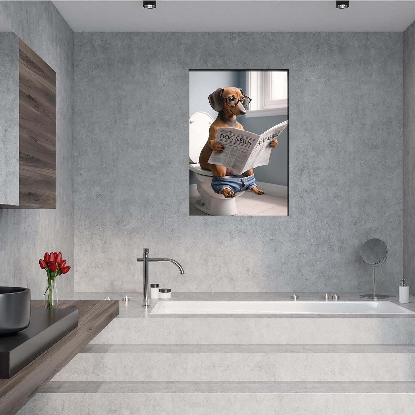 Funny dog in bathroom sitting on toilet reading newspaper funny bathroom wall decor animals in toilet dog gift ideas bathroom decor wall art prints bathroom posters canvas wall art for dog lovers
