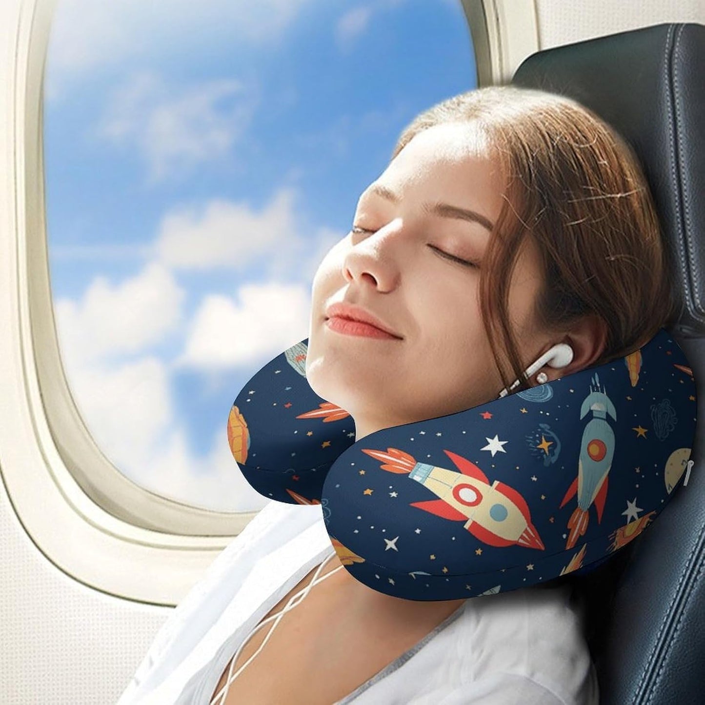 Rocket in Space Neck Pillow Memory Foam U Shaped Pillows Portable Pillows for Shoulder Travel Head Support Pillow with Concealed Zipper for Airplane Car Home Office