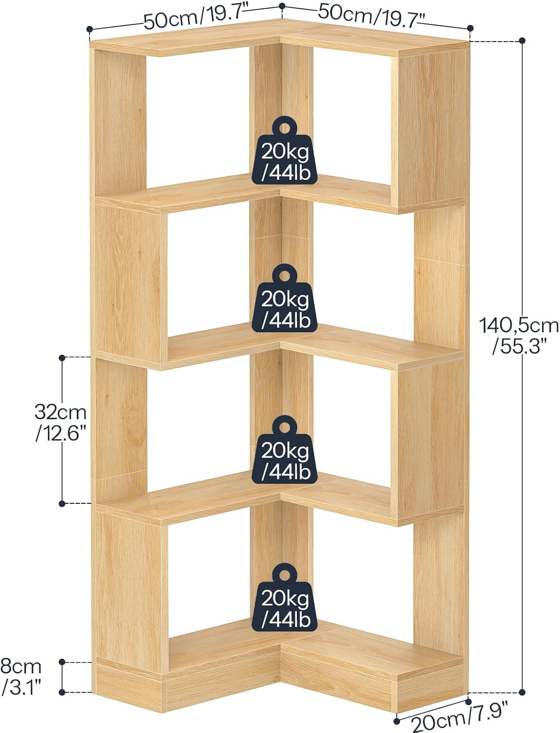 HOOBRO 5-Tier Corner Bookshelf, L-Shaped Corner Bookshelf, 55.3'' Tall Wooden Bookcase with Baffle, Freestanding Display Rack, for Living Room, Home Office, Natural NL50SJ01