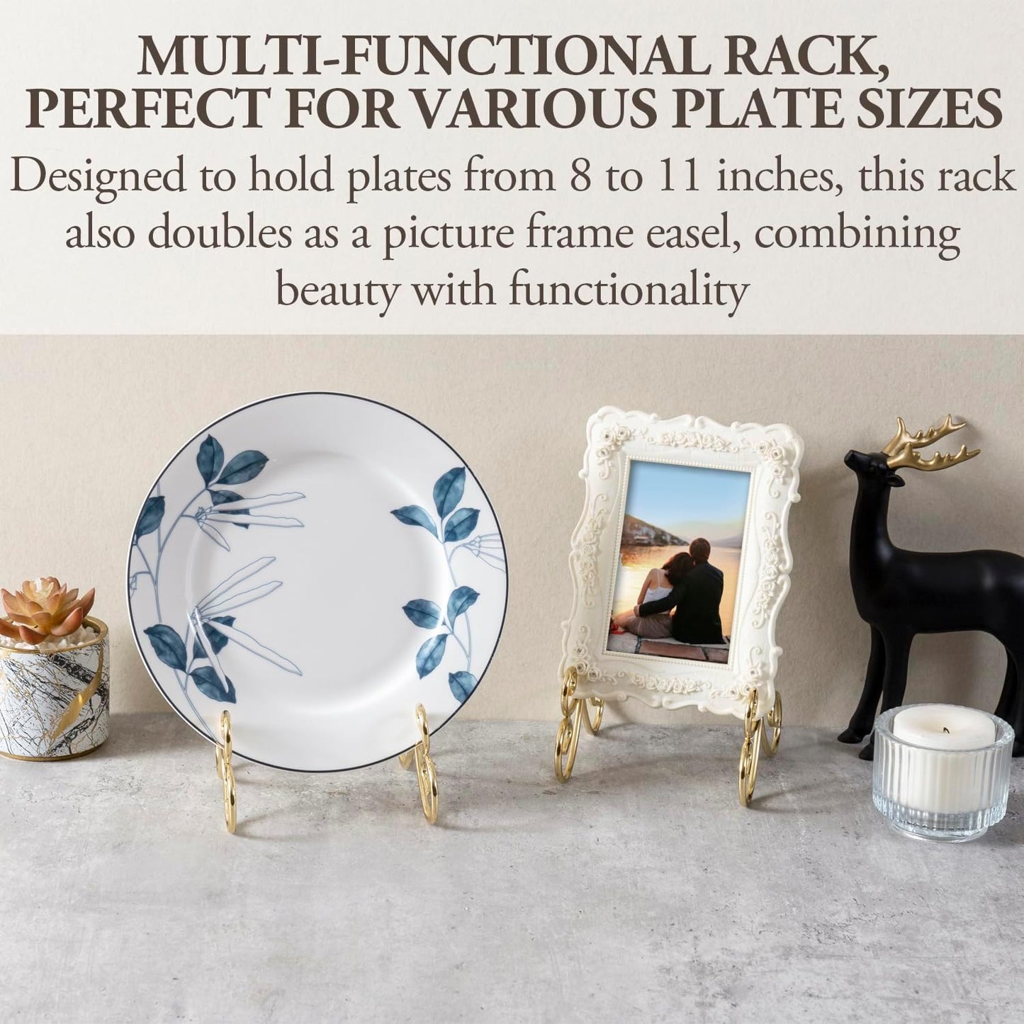 MyGift Brass Plate Stands for Display Set of 2 - Vintage Scrollwork Tabletop Display Easel Holders for 8–11 Inch Plates, Picture Frames, Books, or Art, Decorative Easel Stands