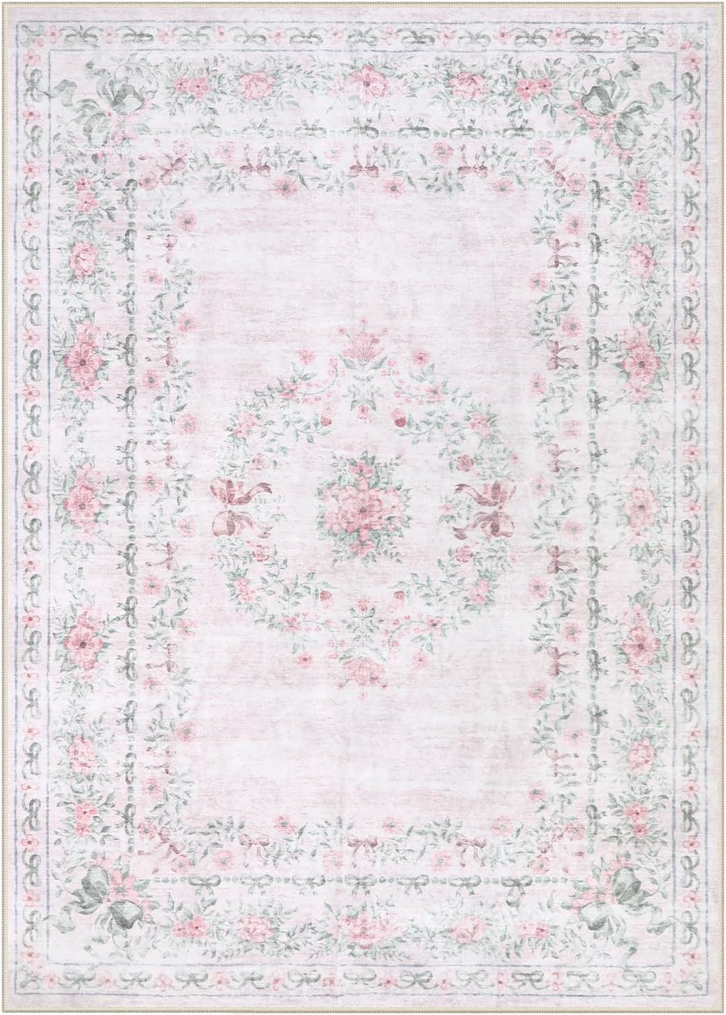 Wonnitar Floral Bow Rug for Girls Bedroom, Pink Area Rug 6x9 for Room Decor, Washable Ultra-Thin Non Slip Soft Boho Aesthetic Carpet for Baby Nursery Kids Room Living Room, Light Pink