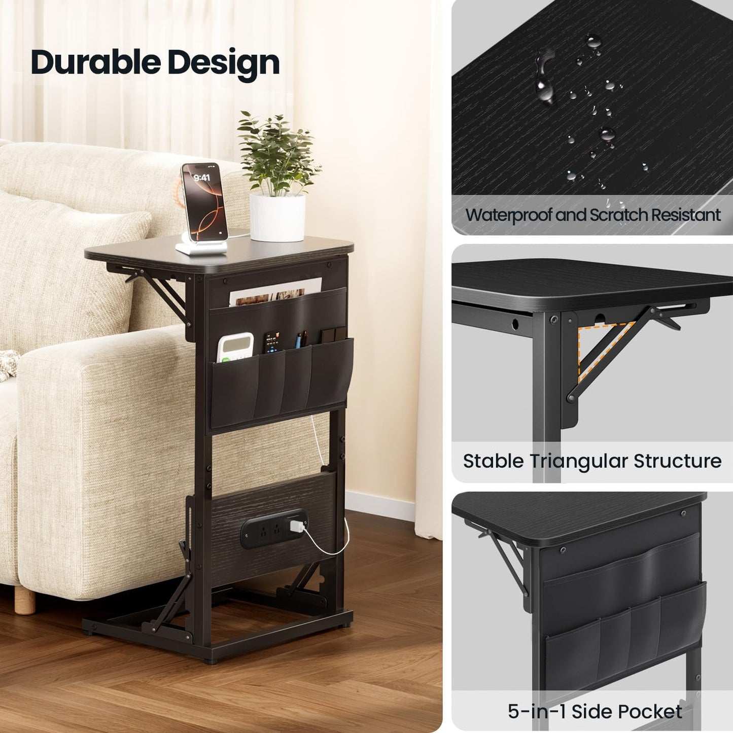 HLDIRECT C Shaped End Table with Charging Station, Couch Side Table with Storage Bag, Foldable TV Tray with 2 USB Ports and Outlets for Living Room, Bedroom, Black