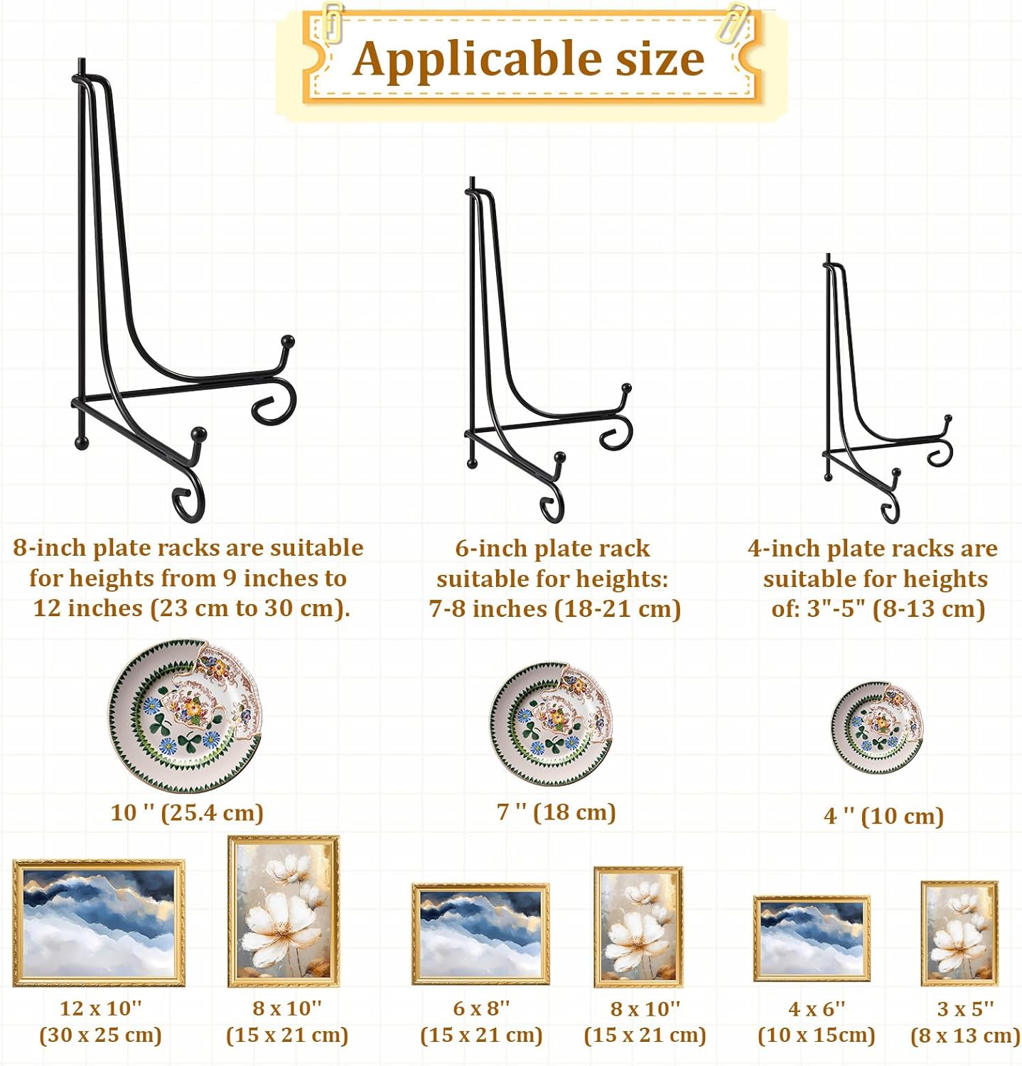12 PCS 3 Size Black Iron Plate Stands for Display, 4, 6, 8 Inch Iron Display Stand, Plate Picture Photo Stands, Foldable Decorative Metal Plates Holders