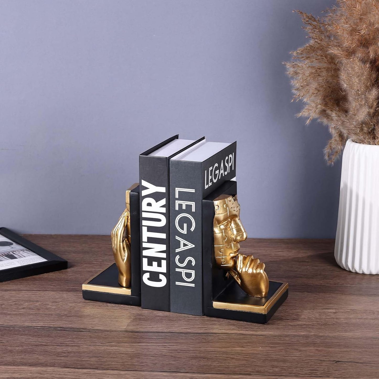 Abstract Decorative Bookends, Thinking Man Statue for Shelves, Heavy Bookends for Large Books, Handcrafted Resin Art for Home and Office Decor, Aesthetic Desk Organizer for Bookshelves (Black Gold)