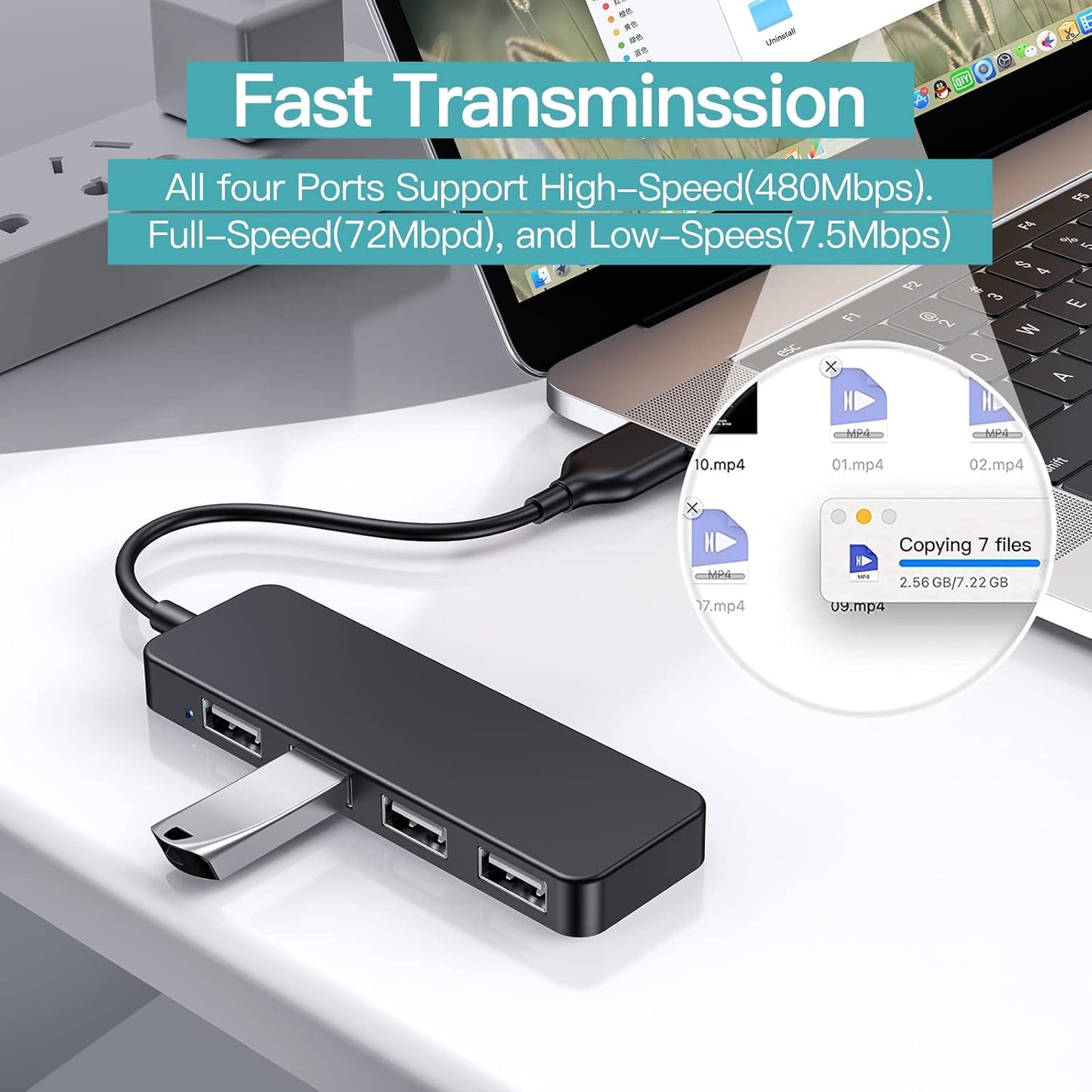 USB Hub, USB Splitter,USB 4-Port Adapter,Extender for Laptop, PC, MacBook, Mac Pro, Mac mini, iMac, Surface Pro and More (Black-USB 2.0/0.3m)