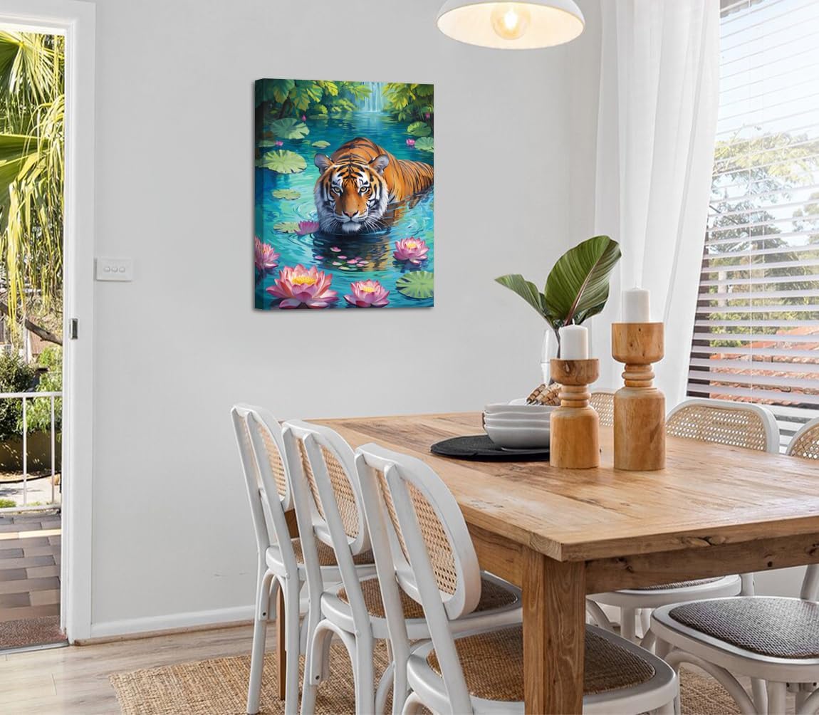 Framed Tiger Bathroom Decor Wall Art,Framed Tiger Bathroom Wall Art 12x16 Inch - Lotus Floral Animal Canvas Print, Jungle Theme Decor for Living Room & Bedroom, Asian Style Painting