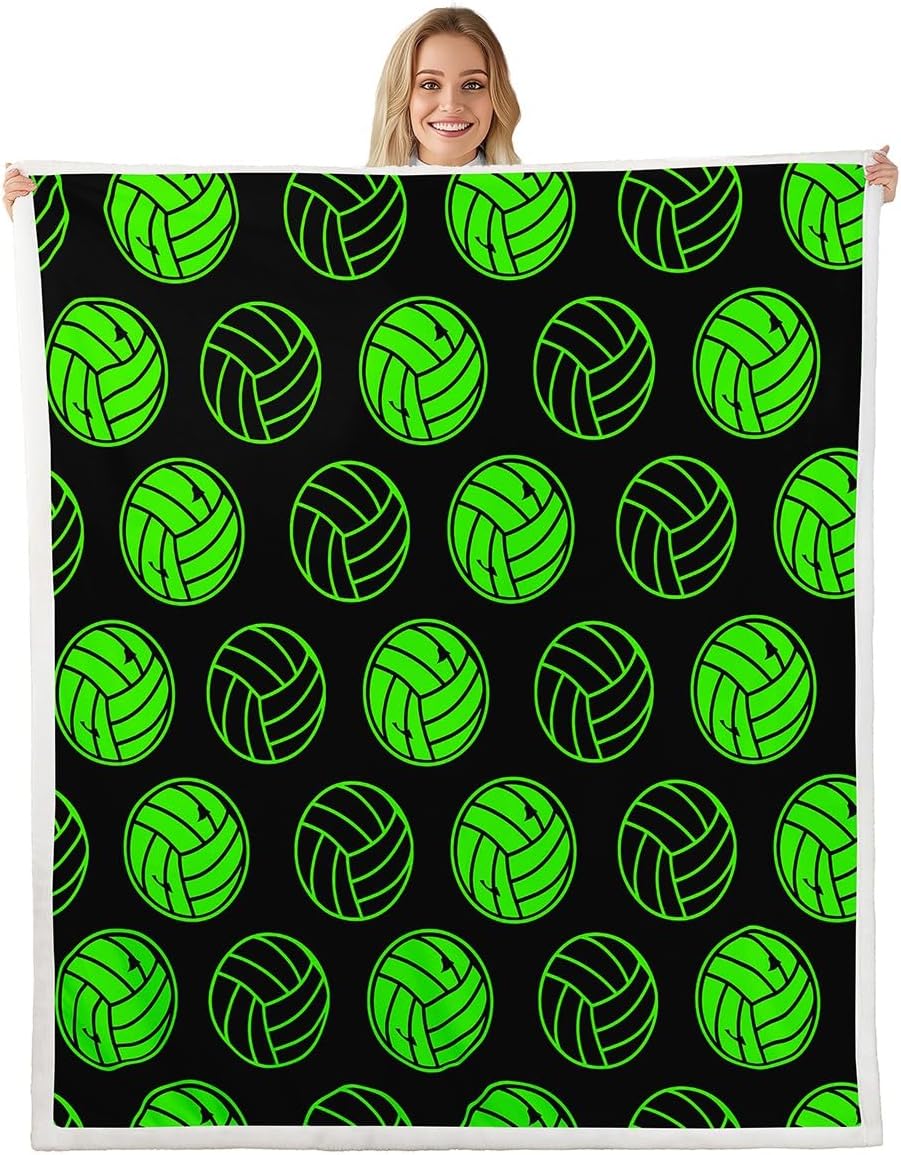 Feelyou Volleyball Fleece Blanket Kids Volleyball Sports Theme Sherpa Throw Blanket 3D Ball Games Fuzzy Plush Blanket for Boys Girls Green Black Room Decor Lightweight Flannel Blanket Throw 50"x60"