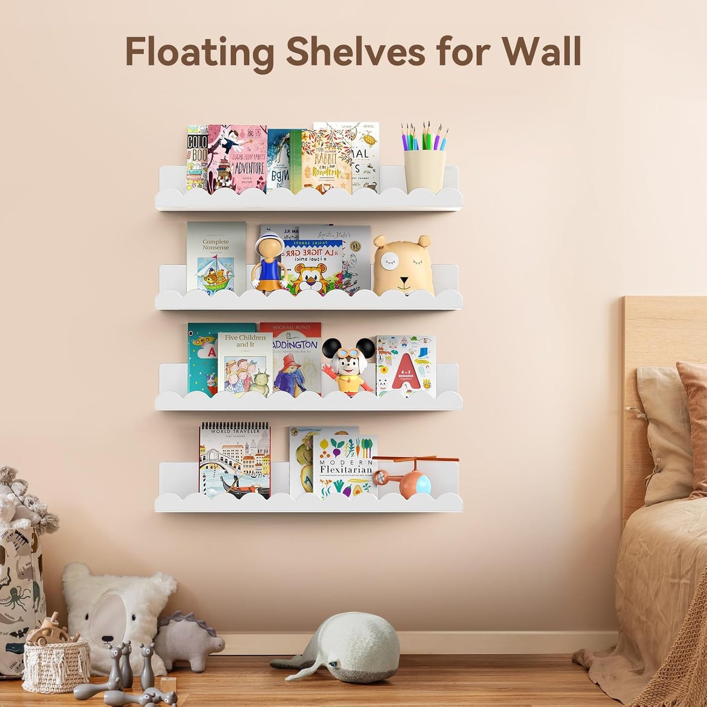 Nursery Book Shelves, 17 Inch Metal Floating Shelves for Wall 4 Pack, Scalloped Shelves, Wall Mounted Book Shelf for Kids Bedroom, Baby Room, Nursery Decor (White)