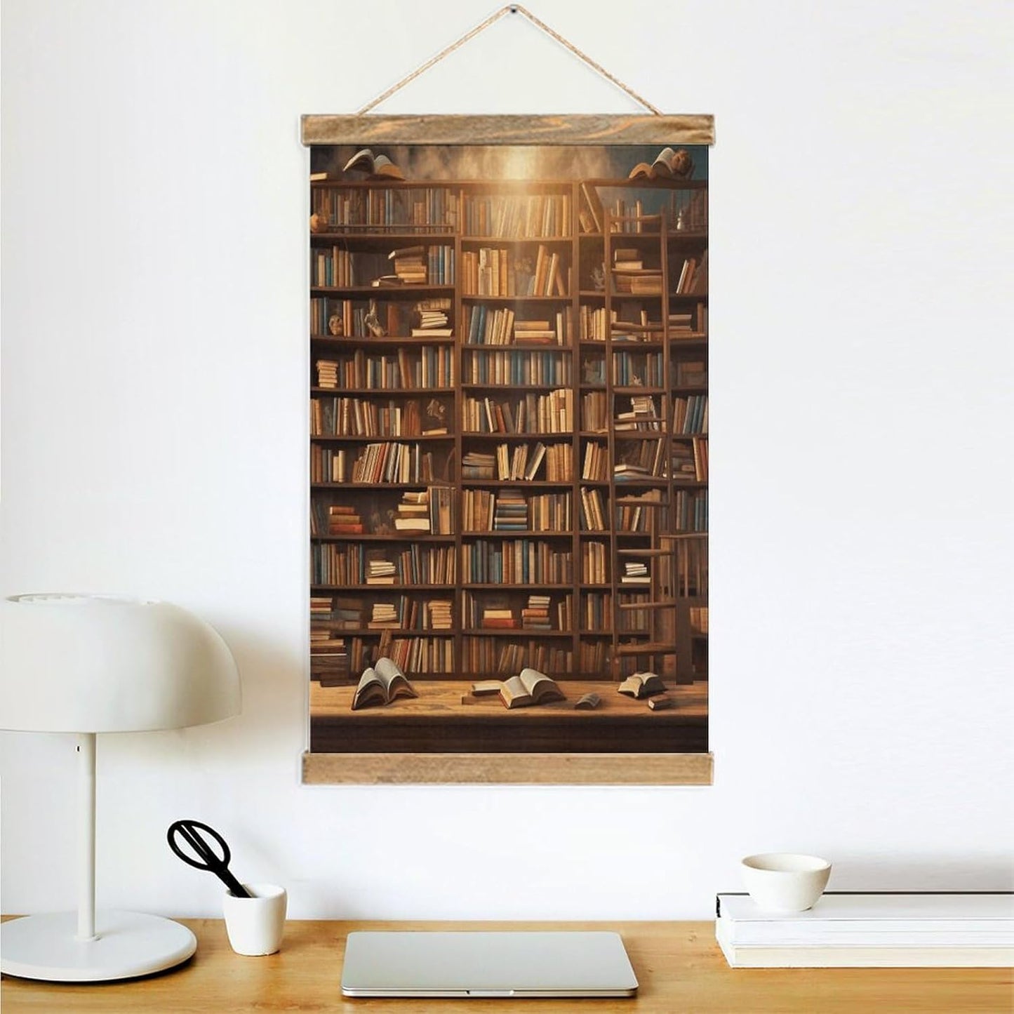 Vintage Books-png Poster with Wooden Frame Personalized Linen Hanging Scroll Painting Rustic Wall Hanging Illustrative Modern Artwork Decor for Home Living Room Bedroom Office