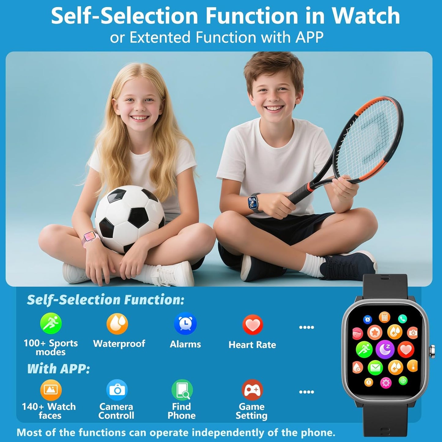 Kids Wach for Girls Boys 6-15 Year Old - Smart Watch for Kids 1.8" Fitness Tracker ,No Phone needed,Pedometer Sleep Monitor Heart Rate Waterproof,Puzzle Game for Girls Boys Teens Birthday Gift (Black)