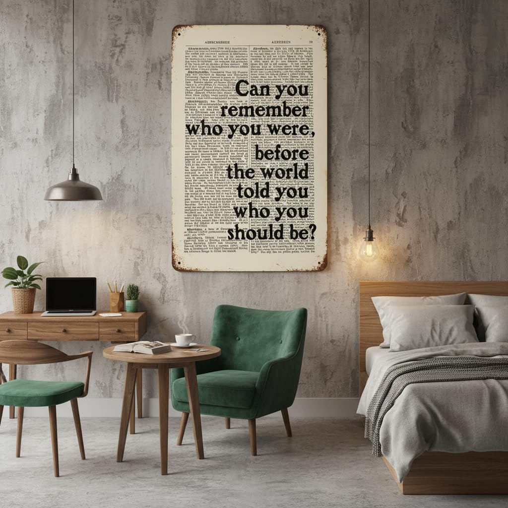 Inspirational Quote Metal Tin Sign 8x12 Inch – “Can You Remember Who You Were Before the World Told You Who You Should Be” Vintage Literary Wall Decor for Study, Library, Home, Office