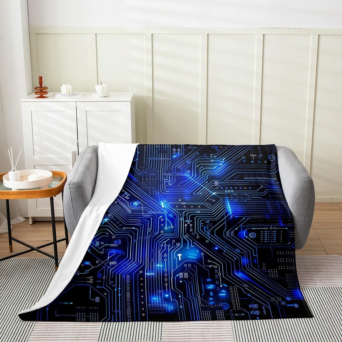 Erosebridal Circuit Board Fleece Blanket Twin 60x80,3D Print Chips Blanket,Abstract Art Design Throw Blanket Blue Black Fuzzy Blanket for Kids Boys Teens