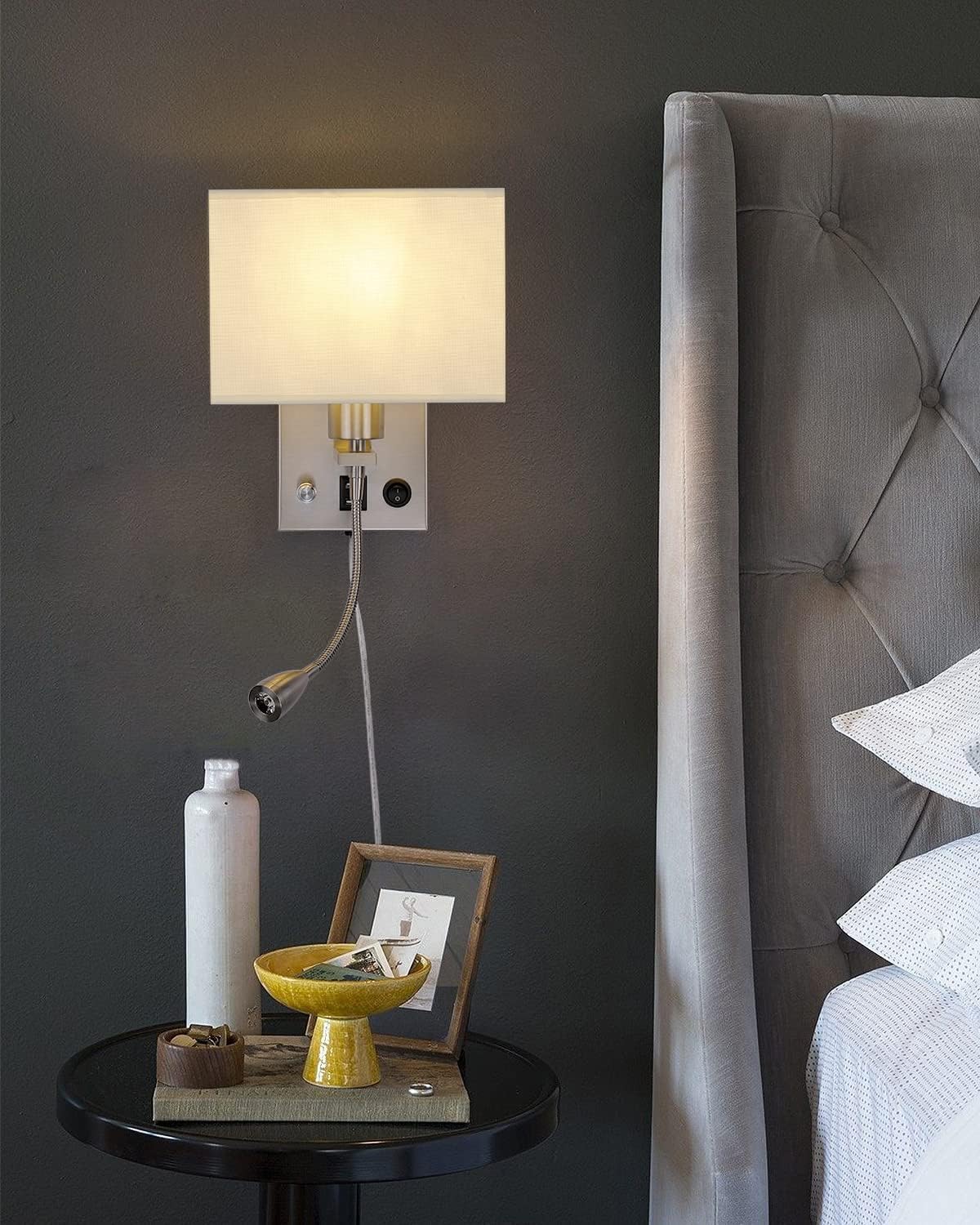 2-Pack Bedside Lights, Plug in Wall Sconce with Two USB Charging Ports, Dimmable Reading Lamp with Fabric Shade and On/Off Switch, for Home or Hotel, Brushed Nickel