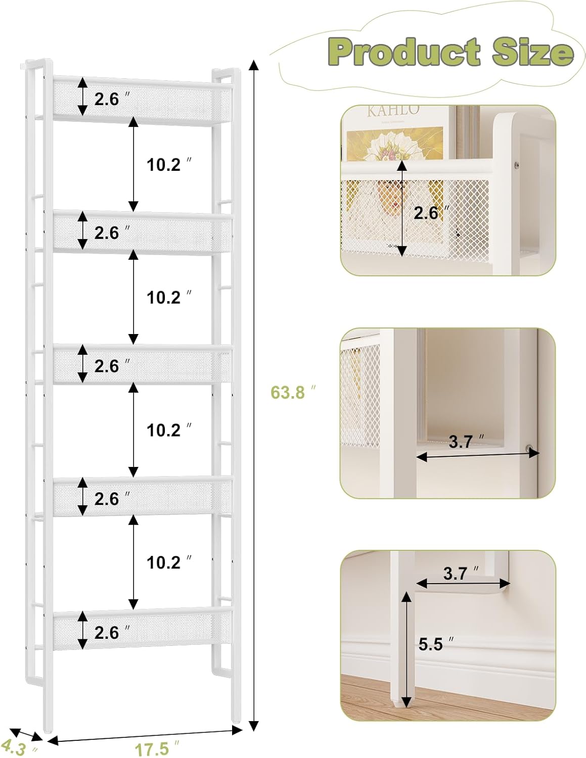 B8 Kids Bookshelf Wall Mounted, 5-Tier Wall Bookshelf for Kids, Children's Bookcases Organizer for Toys and Books, Metal Toddler Book Shelves for Nursery, Bedroom, Living Room, White