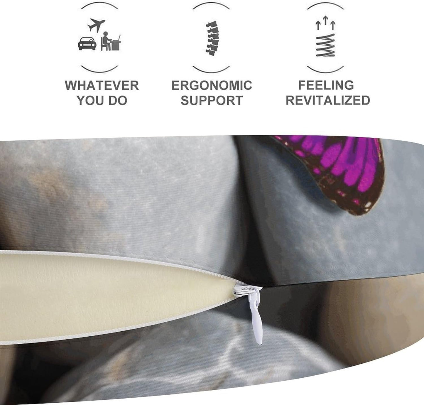Colorful Butterfly Stone Neck Pillow Memory Foam U Shaped Pillows Portable Pillows for Shoulder Travel Head Support Pillow with Concealed Zipper for Airplane Car Home Office