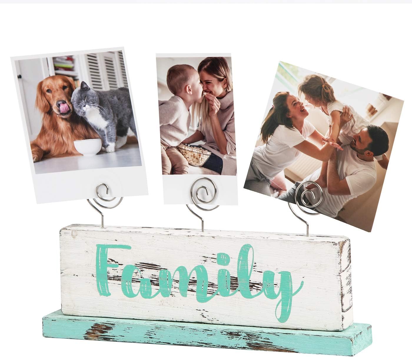 JACKCUBE Design Multi-Photo Display Boho Tabletop Decor Wooden Double Side Memos, Cards, Gallery Display Block with 3 Wire Clips, Desktop Freestanding Polaroid Picture Frame Decoration- MK678A