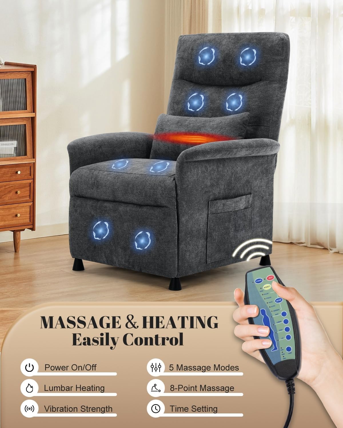 Power Recliner Chair with Heat Vibration Massage Electric Reclining Sofa with Lumbar Support Adjustable Soft Fabric Recliners for Adults Living Room Bedroom