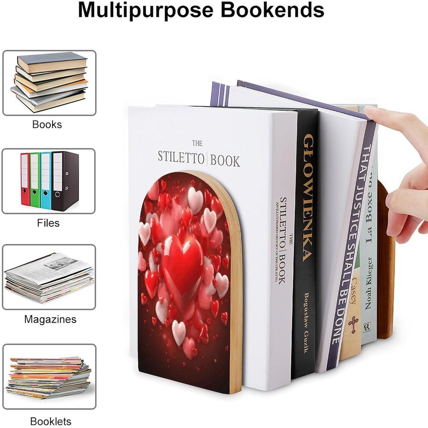 Love Red Hearts Bookend for Shelves Wooden Book End Large Size Sturdy Book Holders Stoppers with Metal Base for Bookshelves Slick Decorative Bookends Stands