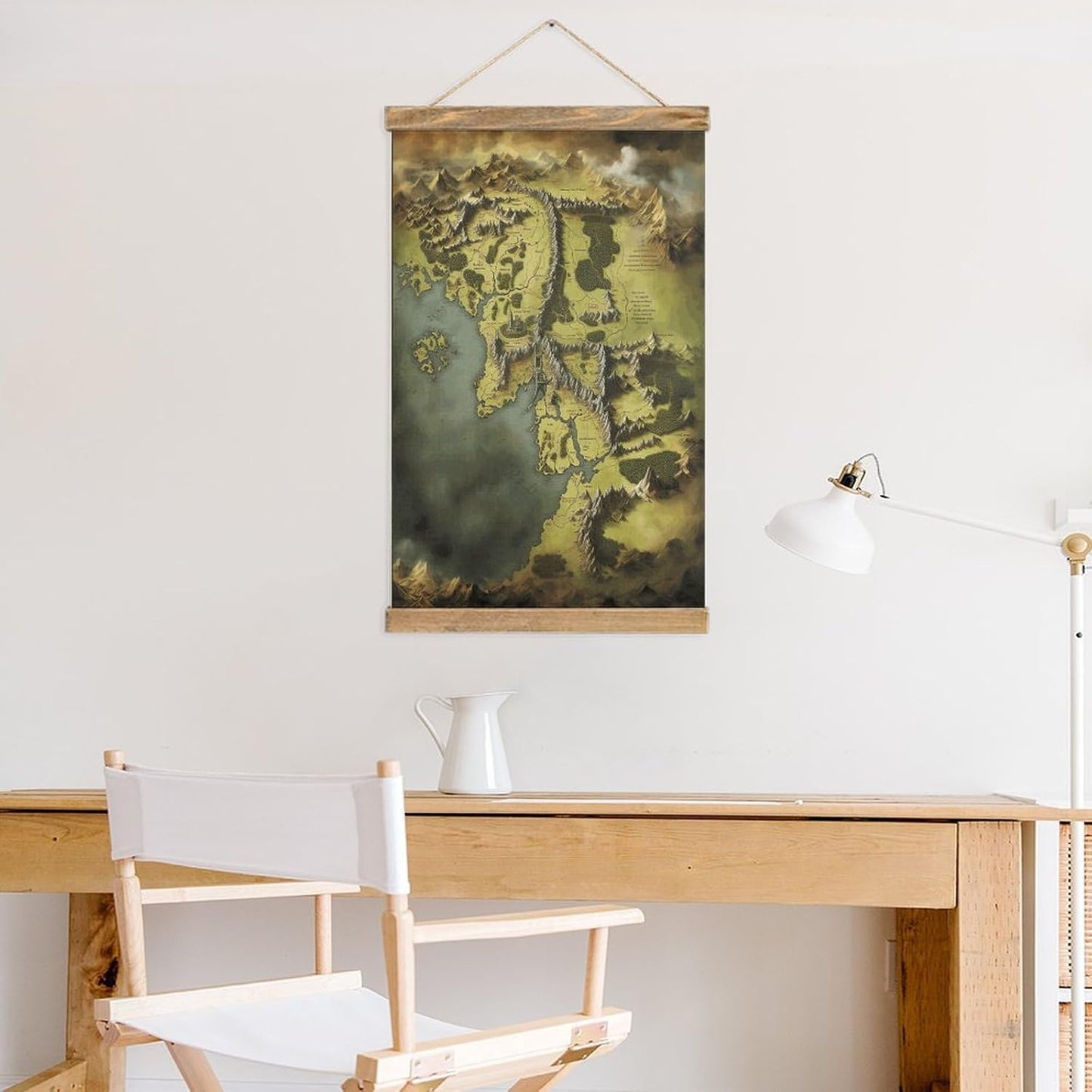 Vintage Middle Earth Map Poster with Wooden Frame Personalized Linen Hanging Scroll Painting Rustic Wall Hanging Illustrative Modern Artwork Decor for Home Living Room Bedroom Office