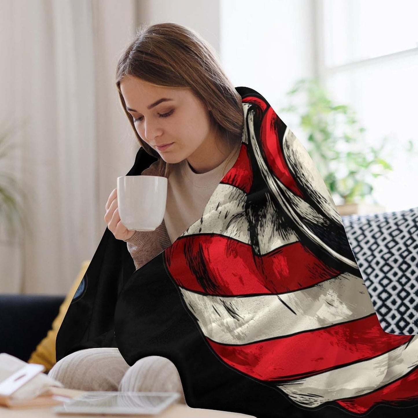 U.S.A. Flag Scarf Top Hat Throw Blanket Fleece Blankets Soft Flannel for Couch Bed Pet Decorative Warm