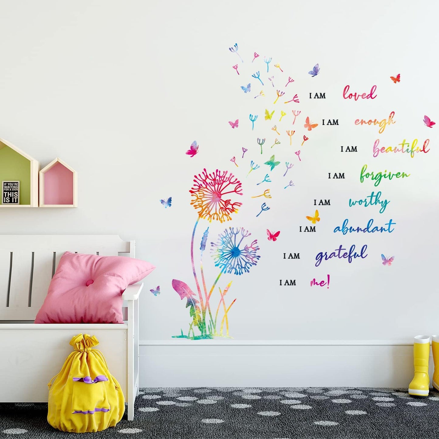 HLNIUC Dandelion Inspirational Saying Wall Sticker 75PCS Butterfly Positive Affirmation Wall Decal Flora Motivational Quotes Peel and Stick Wall Stickers Flower Inspiring Wall Decals for Girl Bedroom