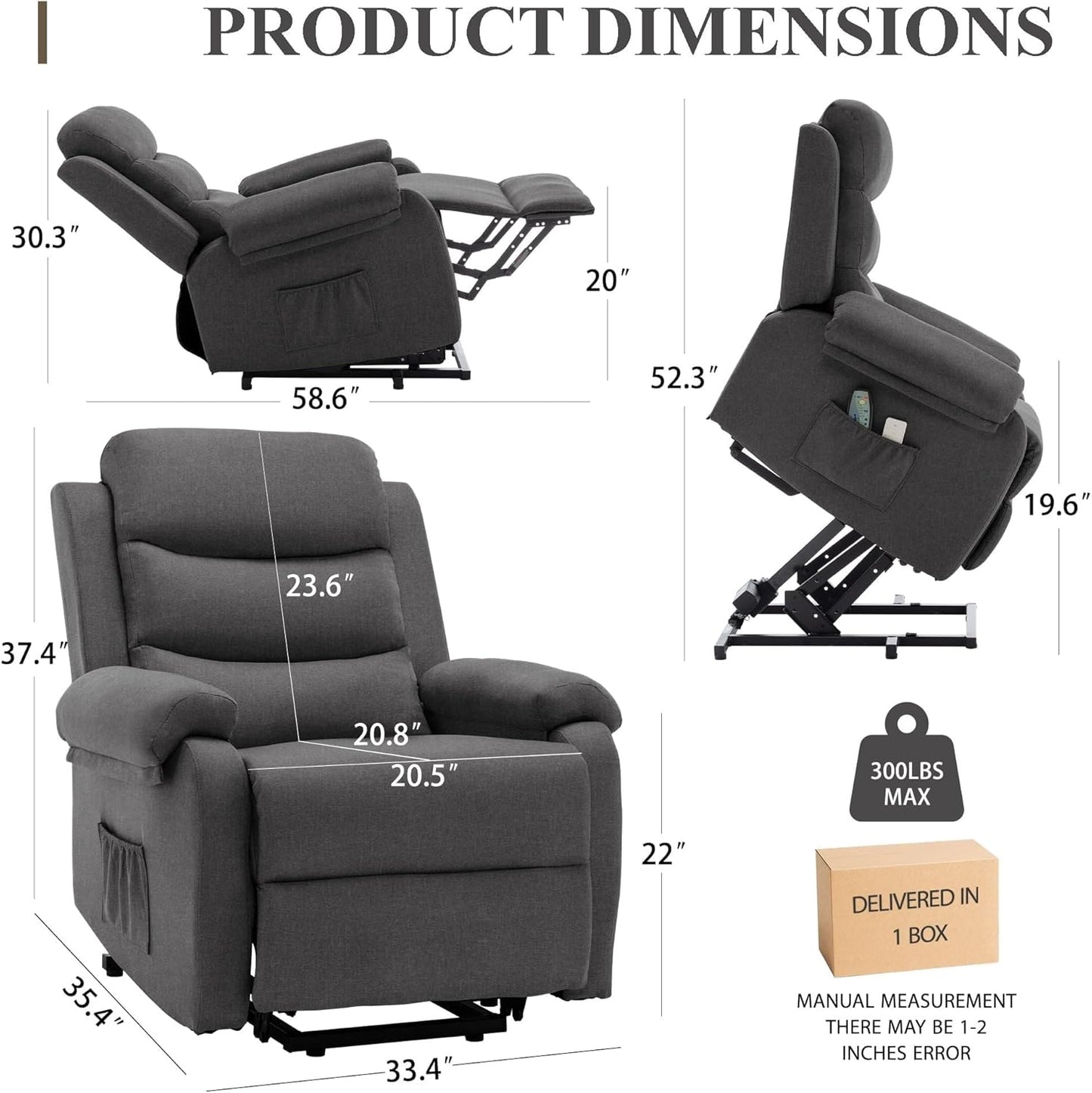 Dark Grey Electric Power Lift Recliner Chair for Elderly Adults, Small Recliner for Living Room & Reading Room, Heated Massage, Adjustable Positions, Comfortable Fabric, Compact Power Lift Chair