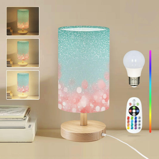 Bedside Table Lamp Fancy Teal Green Glitter Coral Pink Peach Sparkle Turquoise 16-Way Dimmable Small Desk Lamp with Round Flaxen Fabric Shade for Nightstand Bedroom Living Room Home Decor