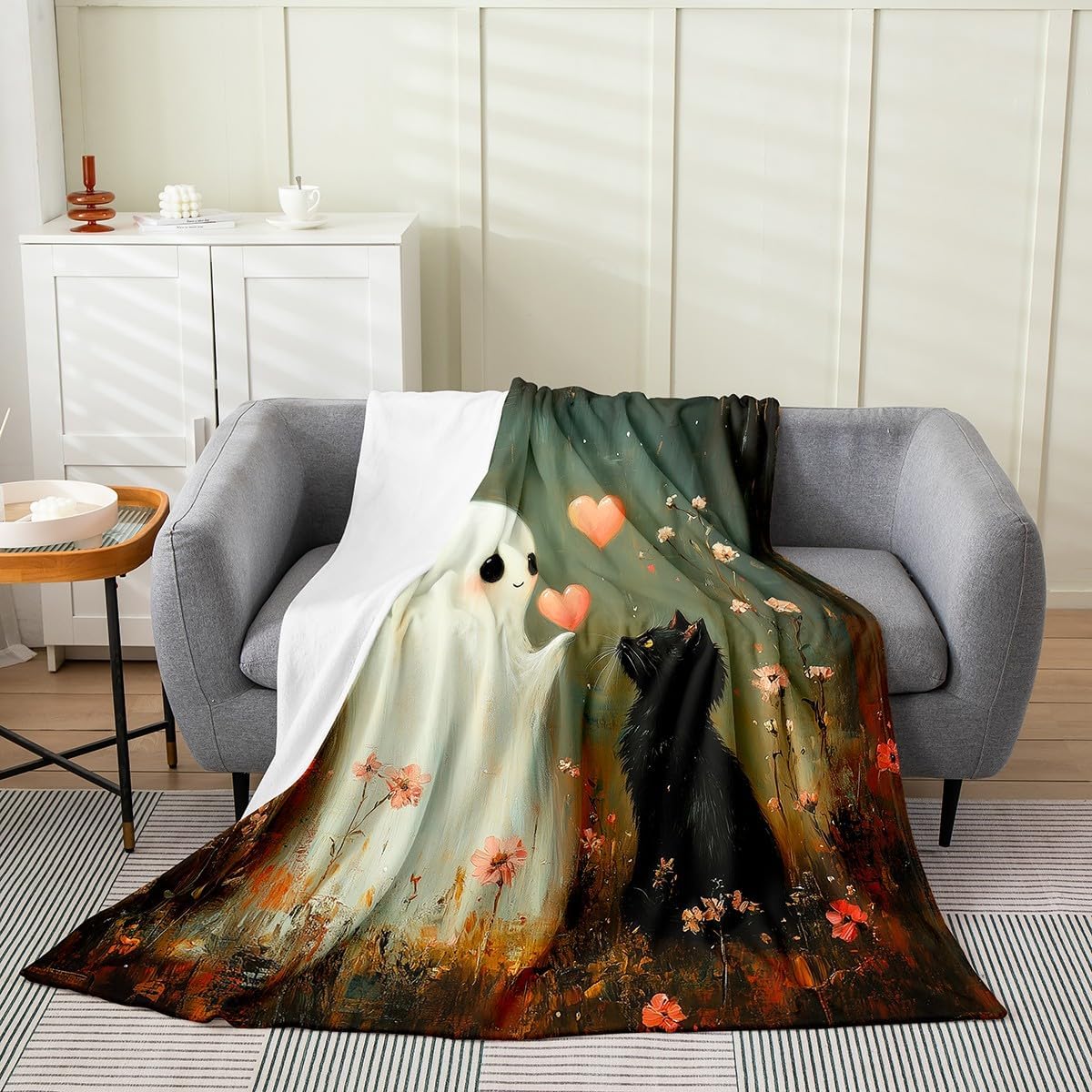 Cute Ghost Flannel Blanket Boys Girls,Halloween Ghost Black Cat Kawaii Fuzzy Blanket All Season Bed Blanket,Pink Love Hearts Romantic Floral Oil Paint Plush Blanket,Throw 50 x 60 Inches
