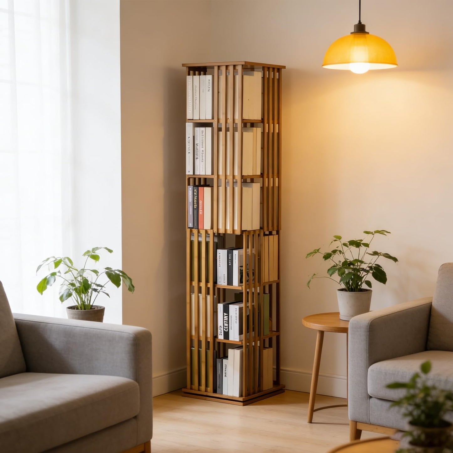 latifolia 6 Tier Rotating Bookshelf Tower, 360° Spinning Bamboo Bookcase, Coner Bookshelf for Office, Living Room, Narrow Space(Brown)
