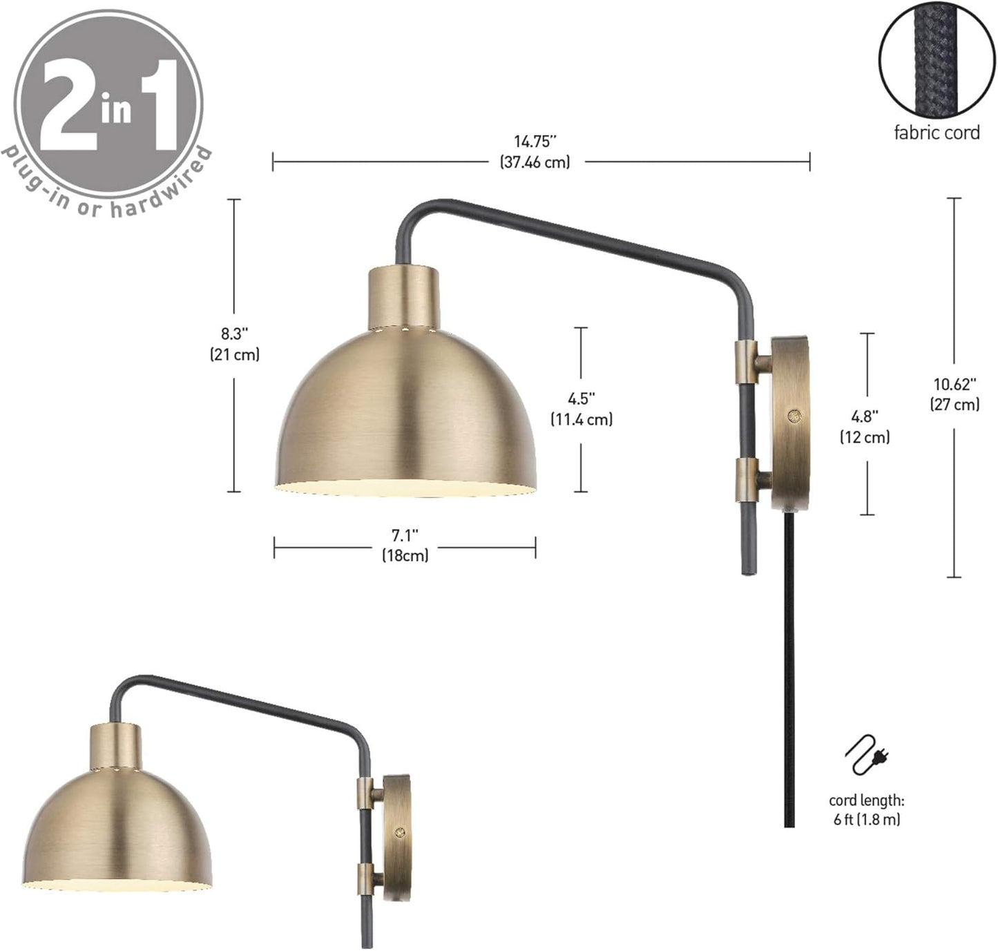 Globe Electric 51719 1-Light Plug-in or Hardwire Wall Sconce, Antique Brass, Matte Black Accent, Fabric Cord, in-Line On/Off Switch, Kitchen, Reading Light, Home Essentials, Bedroom, Bedside Lamp